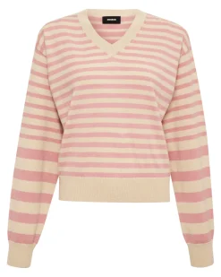 MONROW Lightknit Stripe V Neck SAND/CHALKPINK Sale